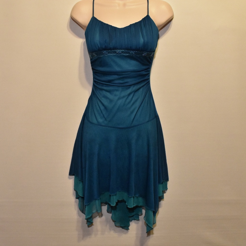 City Triangles Aqua Beaded Scarf Hem Prom Dress